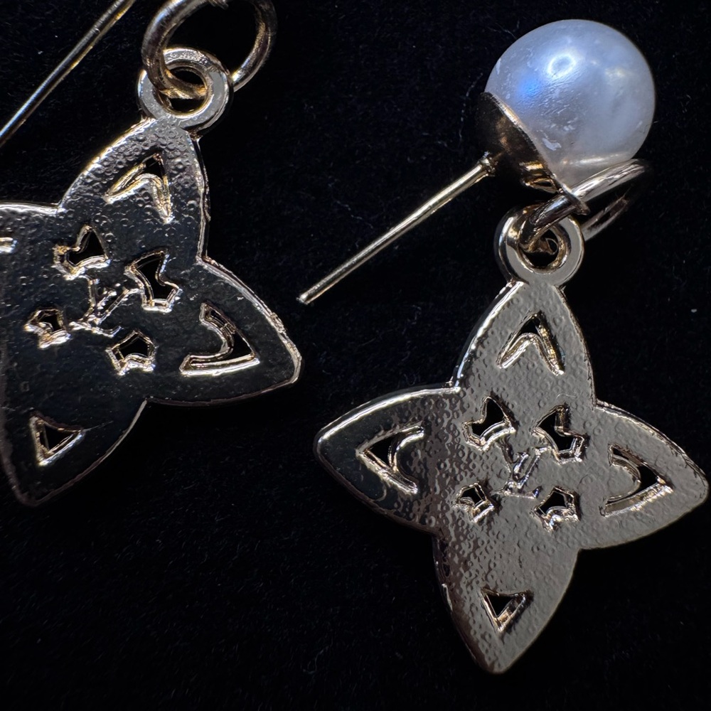 Louis Vuitton Gold-Tone Floral Quatrefoil Drop Earrings with Pearl Studs - Picture 2 of 2